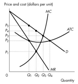 <strong>Use the figure below to answer the following questions. Figure 14.2.4 Refer to Figure 14.2.4.The figure represents a monopolistically competitive firm in short-run equilibrium.What price does the firm charge?</strong> A)P₂ B)P₁ C)P₄ D)P₃ E)P₅