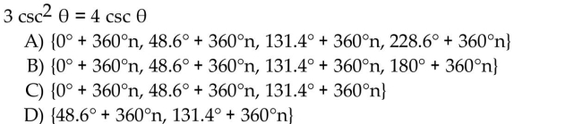 Solve the equation (x in radians and in degrees) for all exact solutions where appropriate. Round approximate answers in radians to four decimal places and approximate answers in degrees to the nearest tenth.  <div style=padding-top: 35px> 