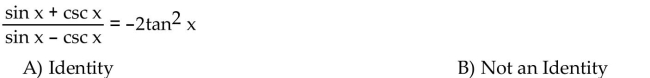 Graph the expression on each side of the equals symbol to determine whether the equation might be an identity.  <div style=padding-top: 35px> 