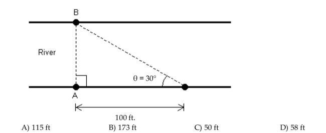 Solve the problem. A conservation officer needs to know the width of a river in order to set instruments correctly for a study of pollutants in the river. From point A, the conservation officer walks 100 feet downstream And sights point B on the opposite bank to determine that ϴ = 30° (see figure). How wide is the river (round to the nearest foot)?  <div style=padding-top: 35px> 