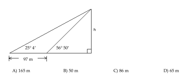 Solve the problem. Find h as indicated in the figure. Round to the nearest meter.  <div style=padding-top: 35px> 