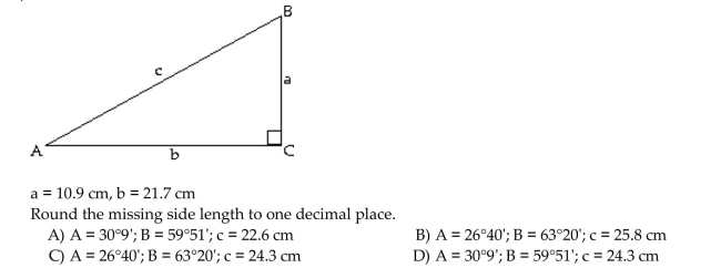 Solve the right triangle. If two sides are given, give angles in degrees and minutes.  <div style=padding-top: 35px> 