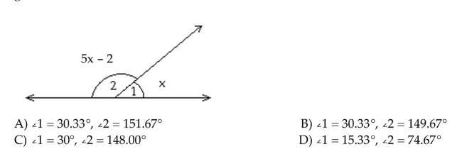 Identify the name of the angles labeled in the figure. ∠1 and ∠2 are supplementary angles. What are the measures (to the nearest hundredth) of the two Angles?