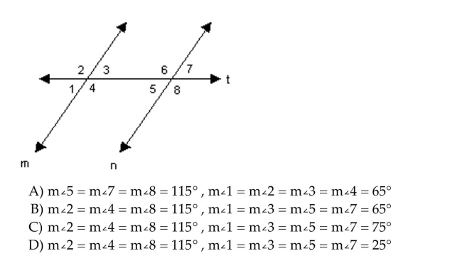 Identify the name of the angles labeled in the figure. If m∠6 = 115°, determine the measures of the other angles.