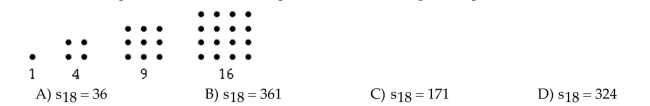 Solve the problem using inductive reasoning. Find the 18th square number that corresponds to the following dot sequence.  <div style=padding-top: 35px> 