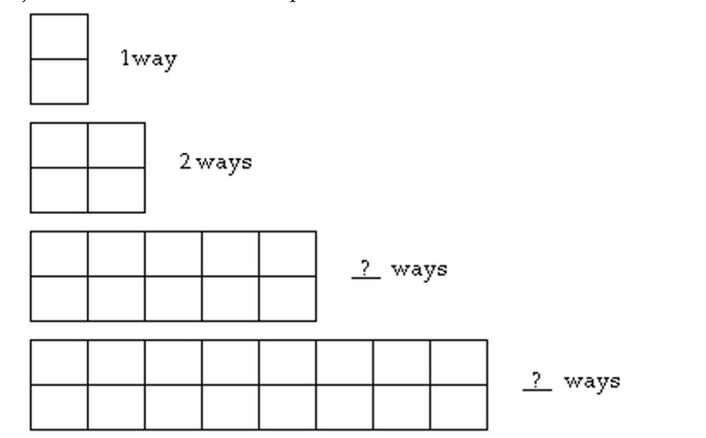 Solve the problem using inductive reasoning. In how many ways can you exactly cover the last two diagrams with ʺdominoesʺ that are just the size of two small squares?  <div style=padding-top: 35px> 