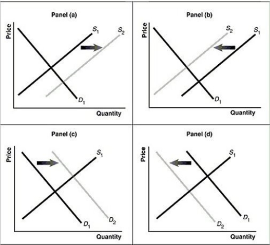 Figure 3.15   Alt text for Figure 3.15a: In figure 3.15a, a graph of intersecting demand and supply curves represents a rising supply of Blu-ray disc players. Long description for Figure 3.15a: The x-axis is labelled, Quantity and the y-axis is labelled, as Price.Curve D1 is a straight line which slopes down from the top left corner to the bottom right corner.Curve S1 is a straight line which slopes up from the bottom left to the top right.The point of intersection is at the midpoints of both lines.Curve S2 is a straight line, parallel to curve S1, but plotted to the right.A right pointing arrow indicates the change from S1 to S2. Alt text for Figure 3.15b: In figure 3.15b, a graph of intersecting demand and supply curves represents a falling supply of Blu-ray players. Long description for Figure 3.15b: The x-axis is labelled, Quantity and the y-axis is labelled, as Price.Curve D1 is a straight line which slopes down from the top left corner to the bottom right corner.Curve S1 is a straight line which slopes up from the bottom left to the top right.The point of intersection is at the midpoints of both lines.Curve S2 is a straight line, parallel to curve S1, but plotted to the left.A left pointing arrow indicates the change from S1 to S2. Alt text for Figure 3.15c: In figure 3.15c, a graph of intersecting demand and supply curves represents a rising demand for Blu-ray players. Long description for Figure 3.15c: The x-axis is labelled, Quantity and the y-axis is labelled, as Price.Curve D1 is a straight line which slopes down from the top left corner to the bottom right corner.Curve S1 is a straight line which slopes up from the bottom left to the top right.The point of intersection is at the midpoints of both lines.Curve D2 is a straight line, parallel to curve D1, but plotted to the right.A right pointing arrow indicates the change from D1 to D2. Alt text for Figure 3.15d: In figure 3.15d, a graph of intersecting demand and supply curves represents a falling demand for Blu-ray disc players. Long description for Figure 3.15d: The x-axis is labelled, Quantity and the y-axis is labelled, as Price.Curve D1 is a straight line which slopes down from the top left corner to the bottom right corner.Curve S1 is a straight line which slopes up from the bottom left to the top right.The point of intersection is at the midpoints of both lines.Curve D2 is a straight line, parallel to curve D1, but plotted to the left.A left pointing arrow indicates the change from D1 to D2. -Refer to Figure 3.15.Assume that the graphs in this figure represent the demand and supply curves for laptop computers.Which panel best describes what happens in this market when the price of computer hard drives falls?
