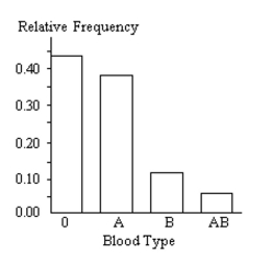Use the graph to answer the question. The bar graph below shows the relative frequencies of the different blood types. Write a sentence describing what is revealed by the graph.