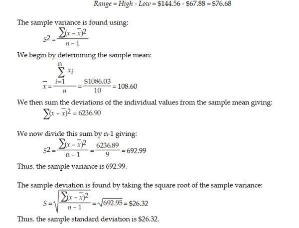 The range is found as follows:   Although the range is far easier to compute, it contains information only from the extremes in the data. The variance is in squared units and therefore does not have any meaning in the context of money spent on electricity. The standard deviation is preferred since it uses all the data in its calculation and is expressed in the original units.