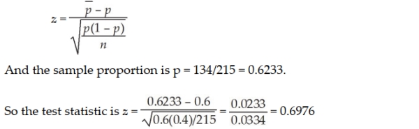 Since more than 60 percent is a strict inequality, this must go in the alternate hypothesis, so the hypotheses are: H0 : p ≤ 0.6 HA : p > 0.6 Since this a proportion, the normal distribution is used, and the test statistic for α = 0.10 is z = 1.28 and the decision rule is: Reject the null if Z > 1.28. The test statistic formula is   This does not fall in the rejection region since 0.6976 < 1.28, so we do not reject the null. This indicates the proportion of residents who support a city school district is not significantly greater than 0.6.