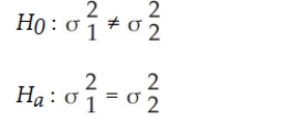 One of the major automobile makers has developed two new engines. At question is whether the two engines have the same variability with respect to miles per gallon. To test this, the following information is available: Based on this situation and the information provided, the appropriate null and alternative hypotheses are: