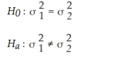 Ideally, we would like to test whether the two population standard deviations are equal. However, there is no test available for doing this test directly. Instead, we must convert to variances and perform the F-test. The following null and alternative hypotheses would be appropriate in this situation:   This will be a two-tailed test since we are testing to see whether a difference exists and are not predicting which battery will have more or less variability. In a two-tailed test of variances, the test statistic is an F- value that is formed by the ratio of the two sample variances and by placing the larger sample variance in the numerator:   We then compare this value to a critical value from the F-distribution table. Since this is a two-tailed test with alpha = 0.10, we use the table with 0.05 in the upper-tail of the F-distribution. Two sets of degrees of freedom are used with the F-distribution. Across the top of the F-table we look for degrees of freedom corresponding to n-1 where n is the sample size associated with the sample variance that was placed in the numerator of the F-test statistic. In our case, n = 9, so the degrees of freedom is 9 - 1 = 8 for the numerator. The degrees of freedom down the side in the F-table is n-1 where n corresponds to the sample size for the sample variance in the denominator of the F-test statistic. In our case, that would be n = 12. Thus, the denominator degrees of freedom are 12 - 1 = 11. Then the critical F from the 0.05 table with 8 and 11 degrees of freedom is 2.948. The decision rule is: If F calculated > 2.948 reject H0, otherwise do not reject. Since our calculated F-test statistic is F = 1.2799 < 2.948, we do not reject the null hypothesis. Thus, based on the sample information, we have no basis for believing that there is a difference in the two batteries with respect to variability in use time.