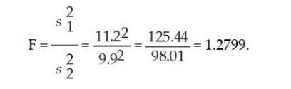 Ideally, we would like to test whether the two population standard deviations are equal. However, there is no test available for doing this test directly. Instead, we must convert to variances and perform the F-test. The following null and alternative hypotheses would be appropriate in this situation:   This will be a two-tailed test since we are testing to see whether a difference exists and are not predicting which battery will have more or less variability. In a two-tailed test of variances, the test statistic is an F- value that is formed by the ratio of the two sample variances and by placing the larger sample variance in the numerator:   We then compare this value to a critical value from the F-distribution table. Since this is a two-tailed test with alpha = 0.10, we use the table with 0.05 in the upper-tail of the F-distribution. Two sets of degrees of freedom are used with the F-distribution. Across the top of the F-table we look for degrees of freedom corresponding to n-1 where n is the sample size associated with the sample variance that was placed in the numerator of the F-test statistic. In our case, n = 9, so the degrees of freedom is 9 - 1 = 8 for the numerator. The degrees of freedom down the side in the F-table is n-1 where n corresponds to the sample size for the sample variance in the denominator of the F-test statistic. In our case, that would be n = 12. Thus, the denominator degrees of freedom are 12 - 1 = 11. Then the critical F from the 0.05 table with 8 and 11 degrees of freedom is 2.948. The decision rule is: If F calculated > 2.948 reject H0, otherwise do not reject. Since our calculated F-test statistic is F = 1.2799 < 2.948, we do not reject the null hypothesis. Thus, based on the sample information, we have no basis for believing that there is a difference in the two batteries with respect to variability in use time.