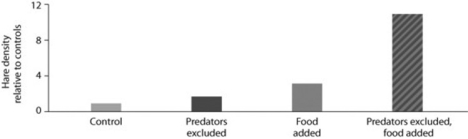Use the figure to answer the following question. Looking at the data in the figure from the hare/lynx experiment, what conclusion(s)can you draw? I.Food is a factor in controlling hare population size. II.Excluding lynx is a factor in controlling hare population size. III.The effect of excluding predators and adding food in the same experiment is greater than the sum of excluding lynx alone plus adding food alone.