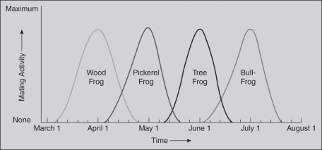 Read the following scenario to answer the following questions. As part of a semester-long biology field research course, you are studying reproductive barriers among four different frog species. Your goal is to determine what type of reproductive barrier likely causes the gene pools of the four different frog species to be isolated. These four species share common geographic habitats and are both anatomically and gametically compatible. Your research professor gives you the following figure to consider. After studying the figure, answer the questions that follow. -What can you conclude about the breeding characteristics of these four frog species?