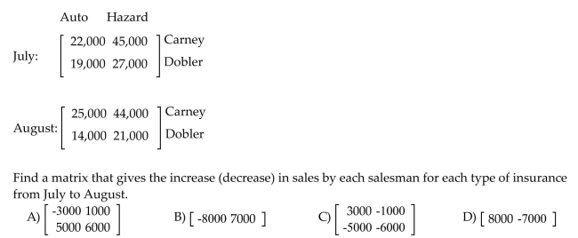 Solve the problem. Carney and Dobler sell auto and hazard insurance. Their sales, in dollars, for the months of July and August are given in the following matrices.