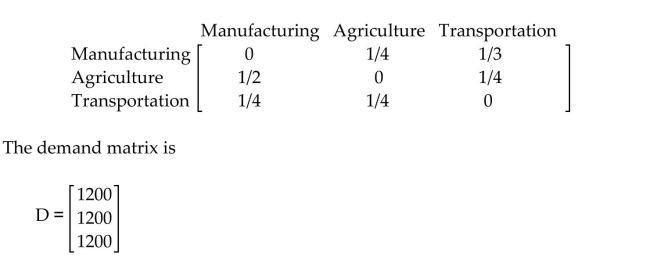 <strong>Solve the problem. Suppose the following matrix represents the input-output matrix, T, of a simplified economy. Find the amount of each commodity that should be produced.</strong> A)3360 units of manufacturing, 2796 units of agriculture, and 3012 units of transportation. B)2976 units of manufacturing, 3386.4 units of agriculture, and 2791.2 units of transportation. C)3012 units of manufacturing, 3360 units of agriculture, and 2791.2 units of transportation. D)3012 units of manufacturing, 2796 units of agriculture, and 2976 units of transportation.