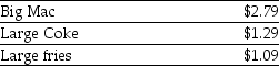 <strong>Use the table for the question(s)below. Consider the following prices from a McDonald's Restaurant: A McDonald's Big Mac value meal consists of a Big Mac, a large Coke and a large fries. Assume that there is a competitive market for McDonald's food items and that McDonald's sells the Big Mac value meal for $4.79. Does an arbitrage opportunity exists and, if so, how would you exploit it and how much would you make on one value meal?</strong> A)No, no arbitrage opportunity exists. B)Yes, buy a value meal and then sell the Big Mac, Coke and fries to make arbitrage profit of $0.38. C)Yes, buy a Big Mac, Coke and fries, then sell a value meal to make arbitrage profit of $1.09. D)Yes, buy a Big Mac, Coke and fries, then sell a value meal to make arbitrage profit of $0.68.