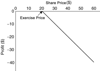 <strong>Use the figure for the question(s)below.   This graph depicts the payoffs of</strong> A)a short position in a put option at expiration. B)a long position in a put option at expiration. C)a short position in a call option at expiration. D)a long position in a call option at expiration. <div style=padding-top: 35px> 