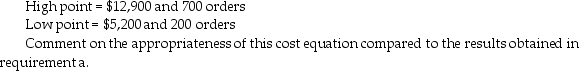 Cross Distribution Company uses two different independent variables (number of orders and weight of orders)in two different equations to evaluate costs of the packaging department.The most recent results of the two regressions are as follows: Number of orders: Weight of orders: There were twenty degrees of freedom.The critical value at the 95% level is 1.729.Required: a.What are the estimating equations for each cost driver? b.Which cost driver is best and why? c.Prepare the cost equation using the following high and low points:
