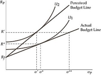 <strong> Figure 19.3.1 Refer to Figure 19.3.1 above. In this diagram of an overconfident investor, the utility-maximizing investment portfolio is:</strong> A) at the tangency of U<sub>1</sub> and the actual budget line. B) at the tangency of U<sub>1</sub> and the perceived budget line. C) at the tangency of U<sub>2</sub> and the perceived budget line. D) at R' on the actual budget line.