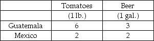 The following table summarizes the production relationships in Mexico and Guatemala to produce tomatoes and beer:Table 16.1 Hours of Labor Required to Produce -Refer to Table 16.1. Which of the following statements is correct?