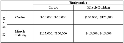 Gym X and Bodyworks are both going to open an exercise facility in the local market. Each company may decide to open a facility concentrating on cardio equipment for customers interested in mostly aerobic workouts. Another alternative for each company is to open a facility concentrating on muscle building equipment for customers interested mostly in bodybuilding workouts. The payoff matrix for each company dependent upon their strategies and that of their competitor is given below. Does either player have a dominant strategy? Does the game have any Nash equilibria? What is the maximin strategy of each player in the game?