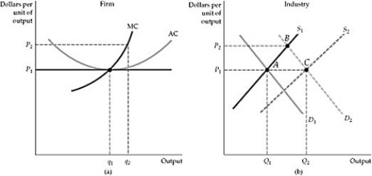   Figure 8.8.1 -Refer to Figure 8.8.1 above. After the increase in demand, from D<sub>1</sub> to D<sub>2</sub> in panel (b), and being this a constant-cost industry, what is likely to happen in the market?