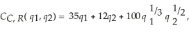 Cogswell Cogs can jointly produce cogs or rotors. The joint cost function is: where q<sub>1</sub> is the number of cogs and q<sub>2</sub> is the number of rotors Cogswell produces. If Cogswell produces cogs alone, the cost function is: ( ) = 35 . If Cogswell produces rotors alone, the cost function is: ( ) = 12 . Calculate Cogswell's degree of economies of scope if he produces 64 cogs and 16 rotors.