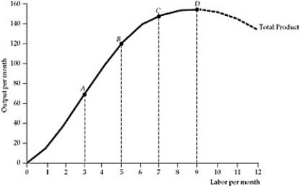 <strong> Figure 6.2.1 Refer to Figure 6.2.1 above. At which point on the total product curve is the average product of labor the highest?</strong> A) Point A B) Point B C) Point C D) Point D E) None of the above