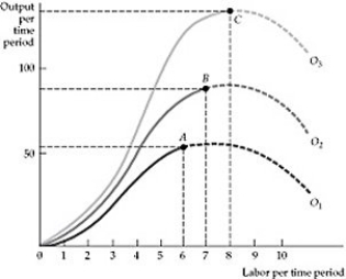 <strong> Figure 6.2.2 Refer to Figure 6.2.2 above. This figure shows the impact of technological improvements and conveys the idea that:</strong> A) productivity increases with technology, but just as labor is subject to diminishing returns, so is technology. B) technology causes an increase in the output per time period, but as the production functions show, the contributions of technology are also subject to diminishing marginal returns. C) even though any given production process exhibits diminishing returns, labor productivity increases with technological improvements. D) without an increase in the productivity of labor, the contributions of technology are insufficient to avoid diminishing returns as the production function shifts upward.