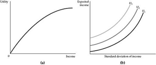 <strong> Figure 5.2.1 Refer to Figure 5.2.1 above. Which of the two figures describes a risk averse individual?</strong> A) The figure in panel (a) B) The figure in panel (b) C) Both figures D) Neither figure