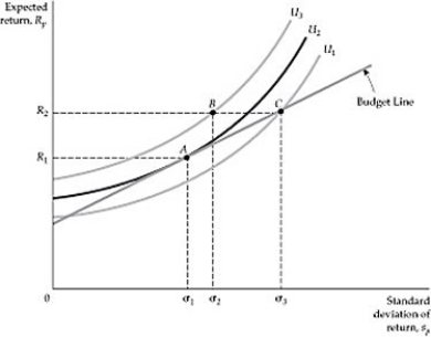 Figure 5.4.1 -Refer to Figure 5.4.1 above. Which point satisfies the conditions for the utility-maximizing investment portfolio?