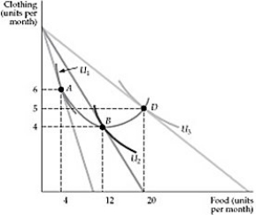 <strong> Figure 4.1.5 Refer to Figure 4.1.5 above. In the upward-sloping portion of the curve that connects points A, B and D, the two goods, food and clothing, are:</strong> A) substitutes. B) complements C) independent D) unrelated