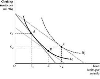 <strong> Figure 4.2.1 Refer to Figure 4.2.1 above. Starting at point A, which of the following moves represents the total effect of a price change?</strong> A) The move from F<sub>1</sub> to E B) The move from E to F<sub>2</sub> C) The move from F<sub>1</sub> to F<sub>2</sub> D) A move from F<sub>1</sub> to F<sub>2</sub> and then to E