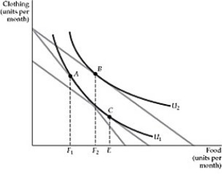 <strong> Figure 4.2.2 Refer to Figure 4.2.2 above. Starting at point A, which of the following represents the substitution effect of an increase in the price of food?</strong> A) The move from A to B B) The move from A to C C) The move from A to B, and then to C D) The move from A to C, and then to B