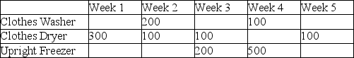 <strong>The following table is an example of a(n)  </strong> A)aggregate plan. B)load report. C)master production schedule. D)capacity plan. E)inventory record. <div style=padding-top: 35px> 