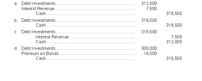 On August 1, 2014, Fowler Company acquired $300,000 face value 10% bonds of Kasnic Corporation at 104 plus accrued interest. The bonds were dated May 1, 2014, and mature on April 30, 2019, with interest payable each October 31 and April 30. The bonds will be held to maturity. What entry should Fowler make to record the purchase of the bonds on August 1, 2014?  <div style=padding-top: 35px> 