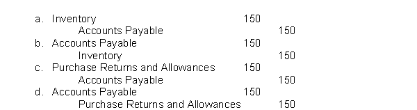 Turner Corporation returned $150 of goods originally purchased on credit from Morgan Industries. Using the periodic Inventory approach, Turner would record this transaction as: