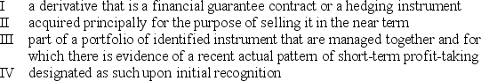 <strong>A financial asset classified as fair value through profit and loss (FVTPL) must be: </strong> A) I, II and III B) I, III and IV C) I, II and IV D) II, III and IV
