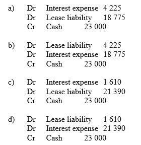 Adam Limited and Davies Limited enter into a finance lease agreement with the following terms: - lease term is 3 years - estimated economic life of the leased asset is 6 years - 3 × annual rental payments of $23 000 each payment is one year in arrears - residual value at the end of the lease term is not guaranteed by the lessee - interest rate implicit in the lease is 7%. The journal entry recorded by the lessee when the payment is made at the end of the first year is: