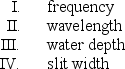 <strong>A student wishes to produce a single-slit diffraction pattern in a ripple tank experiment. He considers the following parameters: Which two of the above should be decreased to produce more bending?</strong> A) I, III B) I, IV C) II, III D) II, IV E) III, IV