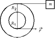 A small disk of radius R<sub>1</sub> is mounted coaxially with a larger disk of radius R<sub>2</sub>. The disks are securely fastened to each other and the combination is free to rotate on a fixed axle that is perpendicular to a horizontal frictionless table top,as shown in the overhead veiw below. The rotational inertia of the combination is I. A string is wrapped around the larger disk and attached to a block of mass m, on the table. Another string is wrapped around the smaller disk and is pulled with a force as shown. The acceleration of the block is:
