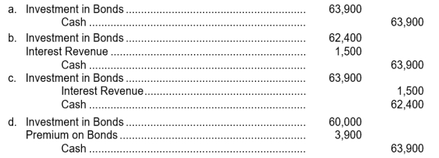 On August 1, 2011, Cassidy Company acquired $60,000 face value 10% bonds of Hurley Corporation at 104 plus accrued interest.The bonds were dated May 1, 2011, and mature on April 30, 2016, with interest payable each October 31 and April 30.The bonds will be held to maturity.Assuming the cost model is used, what entry should Cassidy make to record the purchase of the bonds on August 1, 2011?