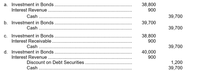 On August 1, 2011, Varney Co.acquired 40, $1,000, 9% bonds at 97 plus accrued interest.The bonds were dated May 1, 2011, and mature on April 30, 2017, with interest paid each October 31 and April 30.The bonds will be held to maturity.Under the cost model, the preferred entry to record the purchase of the bonds on August 1, 2011 is