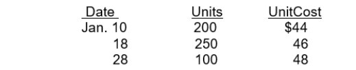 Napier Co.had 150 units of product A on hand at January 1, 2010, costing $42 each. Purchases of product A during January were as follows: A physical count on January 31, 2010 shows 200 units of product A on hand.The cost of the inventory at January 31, 2010 under the FIFO method is