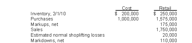 Henke Co.uses the retail inventory method to estimate its inventory for interim statement purposes.Data relating to the computation of the inventory at July 31, 2010, are as follows: Under the lower-of-cost-or-net realizable value method, Henke's estimated inventory at July 31, 2010 is