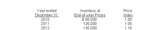 Opera Corp.uses the dollar-value LIFO method of computing its inventory cost.Data for the past four years is as follows: What is the 2010 inventory balance using dollar-value LIFO?
