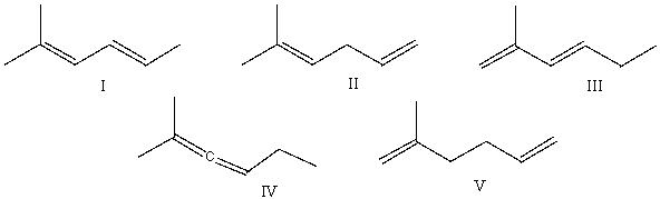 Rank the following dienes in order of decreasing heat of hydrogenation (highest to lowest).