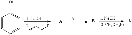 Provide the structures of A, B and C for the following reaction sequence.